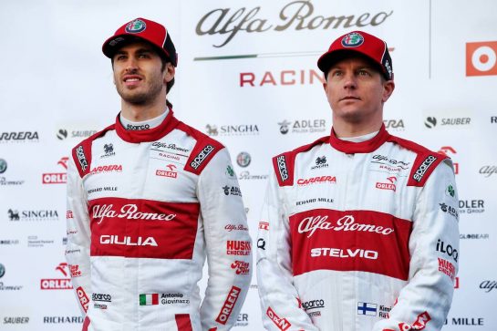 (L to R): Antonio Giovinazzi (ITA) Alfa Romeo Racing with team mate Kimi Raikkonen (FIN) Alfa Romeo Racing.
19.02.2020. Formula One Testing, Day One, Barcelona, Spain. Wednesday.
- www.xpbimages.com, EMail: requests@xpbimages.com © Copyright: Batchelor / XPB Images