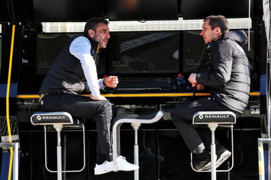 (L to R): Cyril Abiteboul (FRA) Renault Sport F1 Managing Director with Remi Taffin (FRA) Renault Sport F1 Engine Technical Director on the pit gantry.
20.02.2020. Formula One Testing, Day Two, Barcelona, Spain. Thursday.
- www.xpbimages.com, EMail: requests@xpbimages.com © Copyright: Moy / XPB Images
