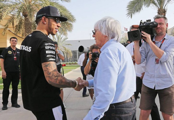 Lewis Hamilton (GBR) Mercedes AMG F1 with Bernie Ecclestone (GBR).