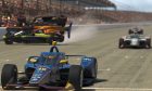 Scott McLaughlin avoids the carnage to cross the Yard of Bricks to win the First Responder 175 presented by GMR at the Indianapolis Motor Speedway, the final race in the INDYCAR iRacing Challenge.