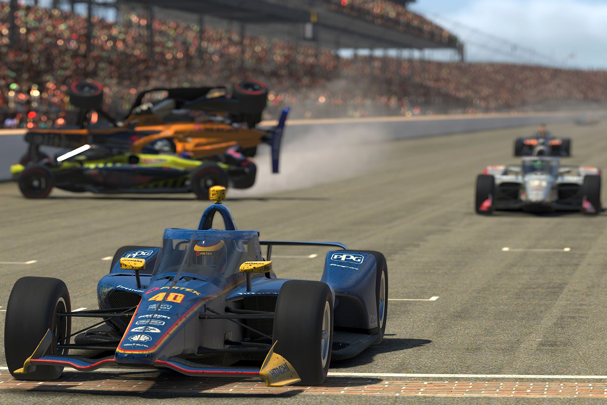 Scott McLaughlin avoids the carnage to cross the Yard of Bricks to win the First Responder 175 presented by GMR at the Indianapolis Motor Speedway, the final race in the INDYCAR iRacing Challenge.