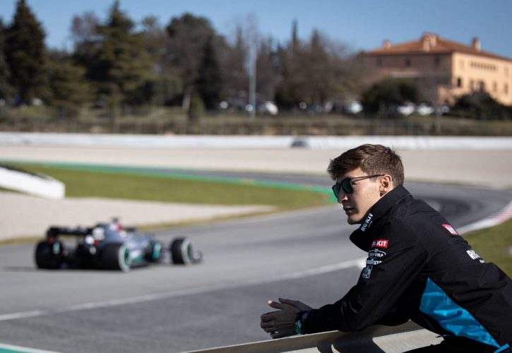 George Russell (GBR) Williams Racing watches Lewis Hamilton (GBR) Mercedes AMG F1 W11.