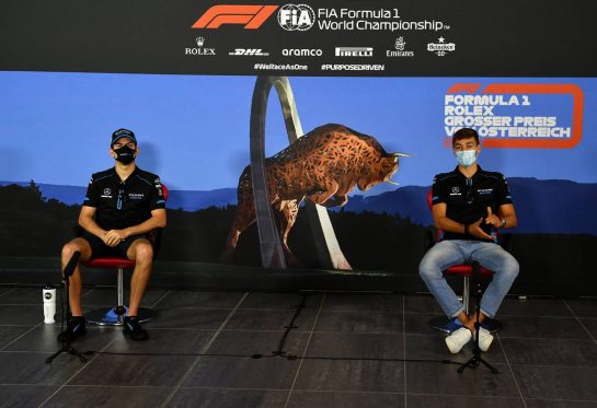 (L to R): Nicholas Latifi (CDN) Williams Racing and George Russell (GBR) Williams Racing in the FIA Press Conference.
02.07.2020. Formula 1 World Championship, Rd 1, Austrian Grand Prix, Spielberg, Austria, Preparation Day.
- www.xpbimages.com, EMail: requests@xpbimages.com - copy of publication required for printed pictures. Every used picture is fee-liable. © Copyright: FIA Pool Image for Editorial Use Only