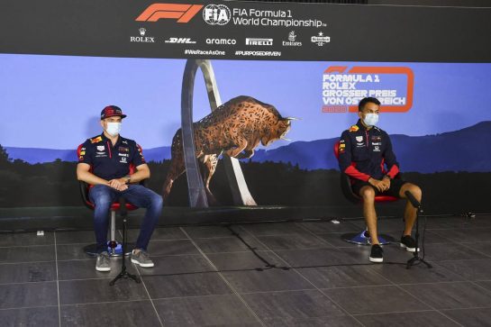 (L to R): Max Verstappen (NLD) Red Bull Racing and Alexander Albon (THA) Red Bull Racing in the FIA Press Conference.
02.07.2020. Formula 1 World Championship, Rd 1, Austrian Grand Prix, Spielberg, Austria, Preparation Day.
- www.xpbimages.com, EMail: requests@xpbimages.com - copy of publication required for printed pictures. Every used picture is fee-liable. © Copyright: FIA Pool Image for Editorial Use Only
