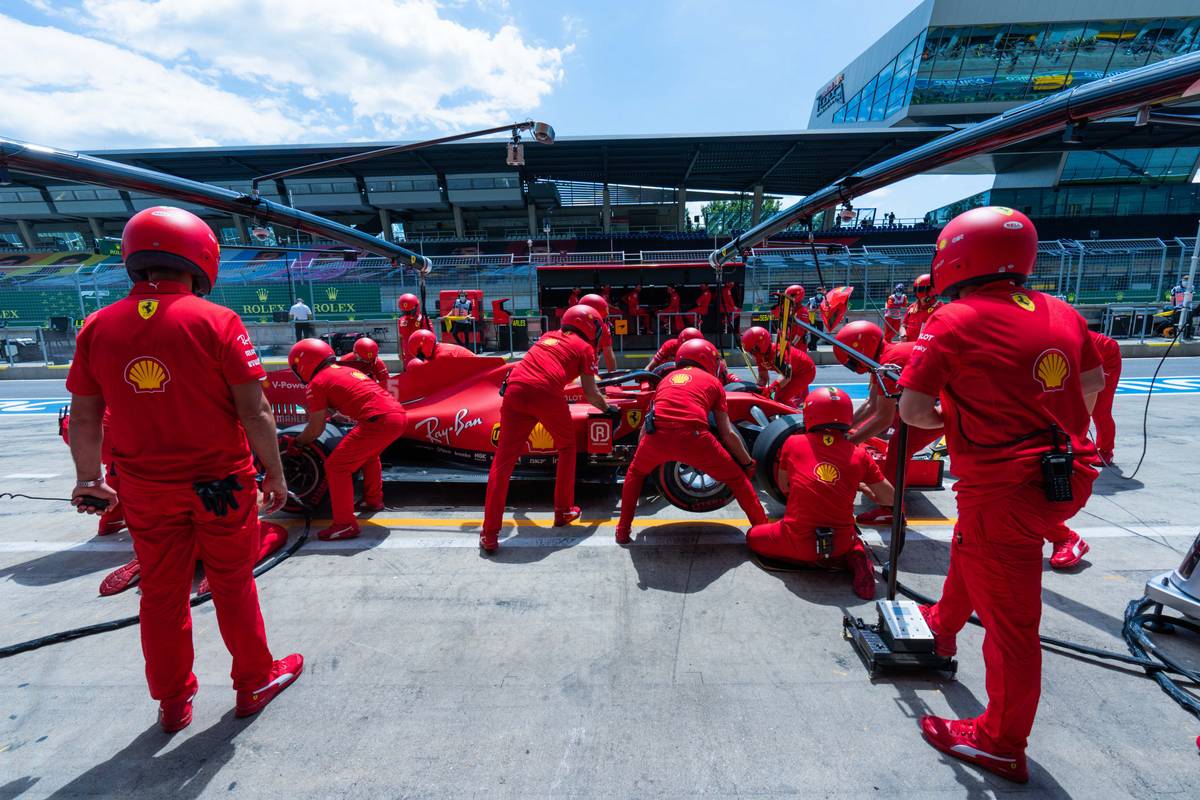 Sebastian Vettel (GER) Ferrari SF1000 practices a pit stop.
