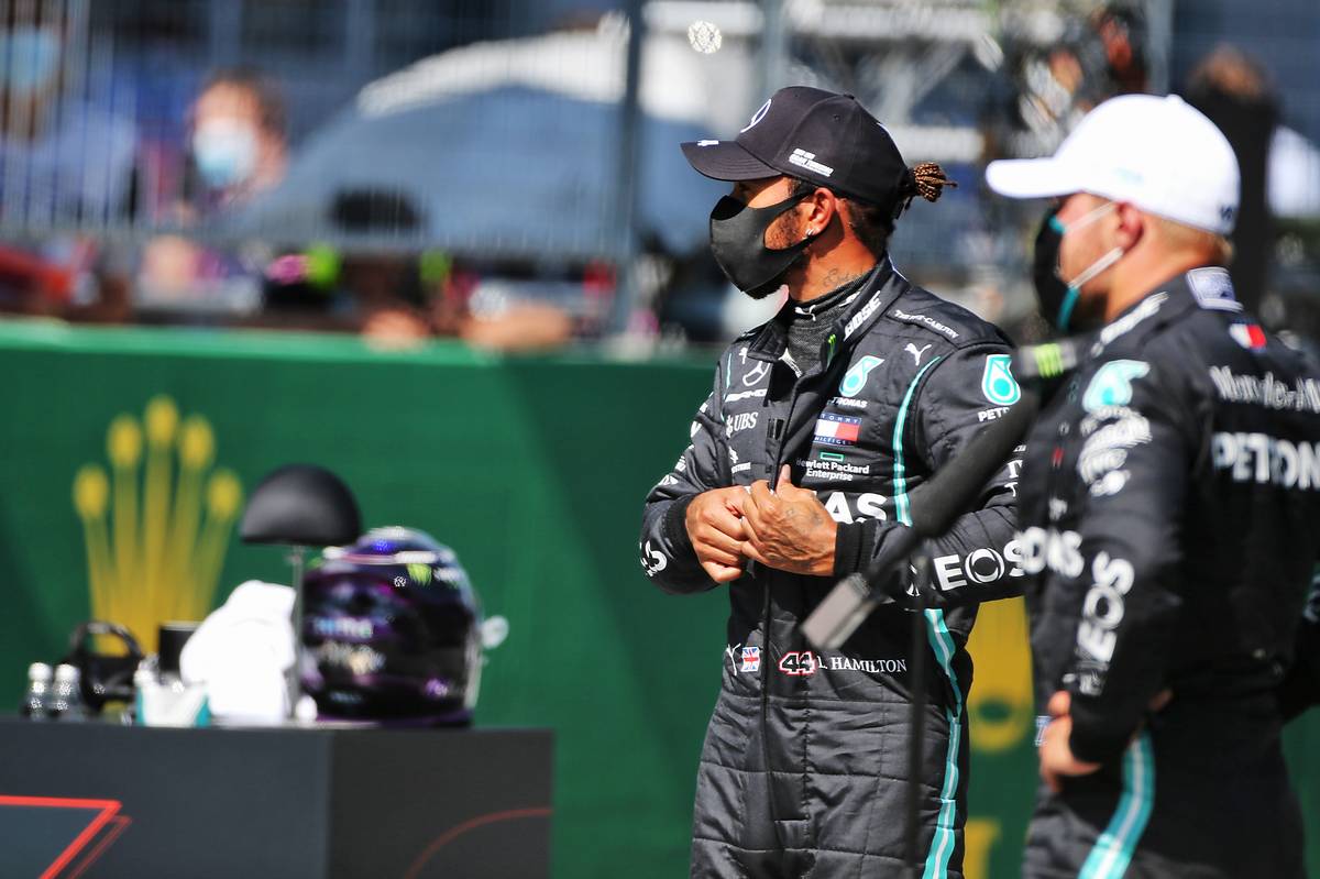 Lewis Hamilton (GBR) Mercedes AMG F1 and team mate Valtteri Bottas (FIN) Mercedes AMG F1 W11 in qualifying parc ferme.