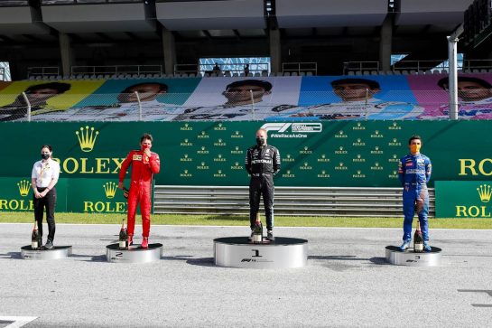 The podium (L to R): Charles Leclerc (MON) Ferrari, second; Valtteri Bottas (FIN) Mercedes AMG F1, race winner; Lando Norris (GBR) McLaren, third.
05.07.2020. Formula 1 World Championship, Rd 1, Austrian Grand Prix, Spielberg, Austria, Race Day.
- www.xpbimages.com, EMail: requests@xpbimages.com - copy of publication required for printed pictures. Every used picture is fee-liable. © Copyright: FIA Pool Image for Editorial Use Only