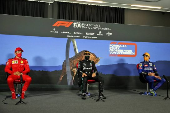 The post race FIA Press Conference (L to R): Charles Leclerc (MON) Ferrari, second; Valtteri Bottas (FIN) Mercedes AMG F1, race winner; Lando Norris (GBR) McLaren, third.
05.07.2020. Formula 1 World Championship, Rd 1, Austrian Grand Prix, Spielberg, Austria, Race Day.
- www.xpbimages.com, EMail: requests@xpbimages.com © Copyright: Batchelor / XPB Images