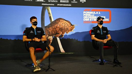 (L to R): George Russell (GBR) Williams Racing and Nicholas Latifi (CDN) Williams Racing in the FIA Press Conference.
09.07.2020. Formula 1 World Championship, Rd 2, Steiermark Grand Prix, Spielberg, Austria, Preparation Day.
- www.xpbimages.com, EMail: requests@xpbimages.com - copy of publication required for printed pictures. Every used picture is fee-liable. © Copyright: FIA Pool Image for Editorial Use Only