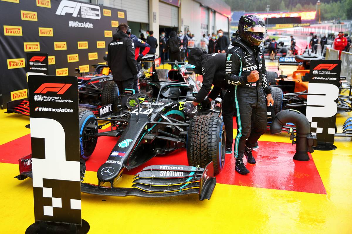 Lewis Hamilton (GBR) Mercedes AMG F1 celebrates his pole position in qualifying parc ferme.