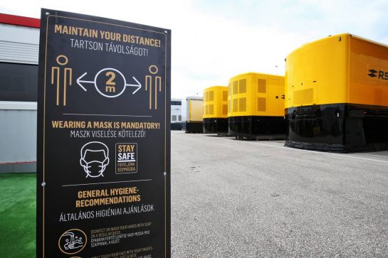 Paddock atmosphere - Covid-19 precautions sign.
16.07.2020. Formula 1 World Championship, Rd 3, Hungarian Grand Prix, Budapest, Hungary, Preparation Day.
- www.xpbimages.com, EMail: requests@xpbimages.com © Copyright: Moy / XPB Images