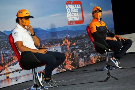 (L to R): Carlos Sainz Jr (ESP) McLaren and team mate Lando Norris (GBR) McLaren in the FIA Press Conference.
16.07.2020. Formula 1 World Championship, Rd 3, Hungarian Grand Prix, Budapest, Hungary, Preparation Day.
- www.xpbimages.com, EMail: requests@xpbimages.com © Copyright: Charniaux / XPB Images
