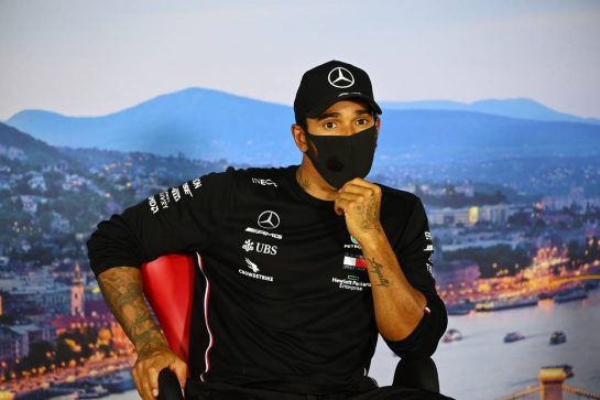 Lewis Hamilton (GBR) Mercedes AMG F1 in the post qualifying FIA Press Conference.
18.07.2020. Formula 1 World Championship, Rd 3, Hungarian Grand Prix, Budapest, Hungary, Qualifying Day.
- www.xpbimages.com, EMail: requests@xpbimages.com - copy of publication required for printed pictures. Every used picture is fee-liable. © Copyright: FIA Pool Image for Editorial Use Only