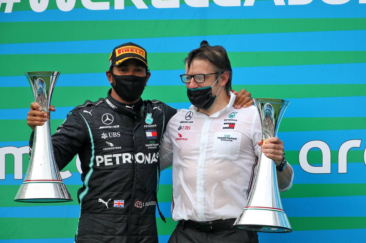 Race winner Lewis Hamilton (GBR) Mercedes AMG F1 celebrates on the podium with Peter Bonnington (GBR) Mercedes AMG F1 Race Engineer.