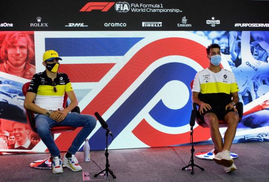 (L to R): Esteban Ocon (FRA) Renault F1 Team and team mate Daniel Ricciardo (AUS) Renault F1 Team in the FIA Press Conference.
30.07.2020. Formula 1 World Championship, Rd 4, British Grand Prix, Silverstone, England, Preparation Day.
- www.xpbimages.com, EMail: requests@xpbimages.com - copy of publication required for printed pictures. Every used picture is fee-liable. © Copyright: FIA Pool Image for Editorial Use Only
