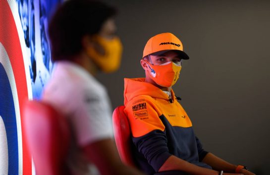 Lando Norris (GBR) McLaren in the FIA Press Conference.
30.07.2020. Formula 1 World Championship, Rd 4, British Grand Prix, Silverstone, England, Preparation Day.
- www.xpbimages.com, EMail: requests@xpbimages.com - copy of publication required for printed pictures. Every used picture is fee-liable. © Copyright: FIA Pool Image for Editorial Use Only