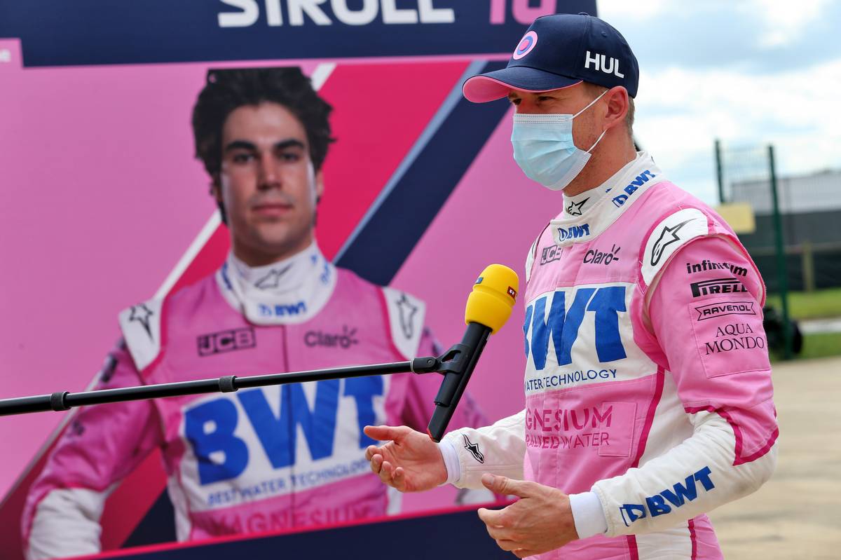Nico Hulkenberg (GER) Racing Point F1 Team with the media.