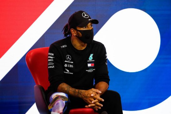 Lewis Hamilton (GBR) Mercedes AMG F1 in the post qualifying FIA Press Conference.
01.08.2020. Formula 1 World Championship, Rd 4, British Grand Prix, Silverstone, England, Qualifying Day.
- www.xpbimages.com, EMail: requests@xpbimages.com - copy of publication required for printed pictures. Every used picture is fee-liable. © Copyright: FIA Pool Image for Editorial Use Only