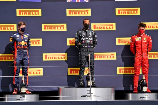 The podium (L to R): Max Verstappen (NLD) Red Bull Racing, second; Lewis Hamilton (GBR) Mercedes AMG F1, race winner; Charles Leclerc (MON) Ferrari, third.
02.08.2020. Formula 1 World Championship, Rd 4, British Grand Prix, Silverstone, England, Race Day.
- www.xpbimages.com, EMail: requests@xpbimages.com © Copyright: Dungan / XPB Images