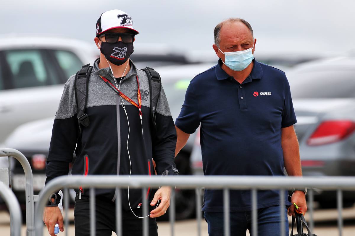 Kimi Raikkonen (FIN) Alfa Romeo Racing with Frederic Vasseur (FRA) Alfa Romeo Racing Team Principal. 06.08.2020. Formula 1 World Championship, Rd 5, 70th Anniversary Grand Prix, Silverstone, England, Preparation Day. - www.xpbimages.com, EMail: requests@xpbimages.com © Copyright: 