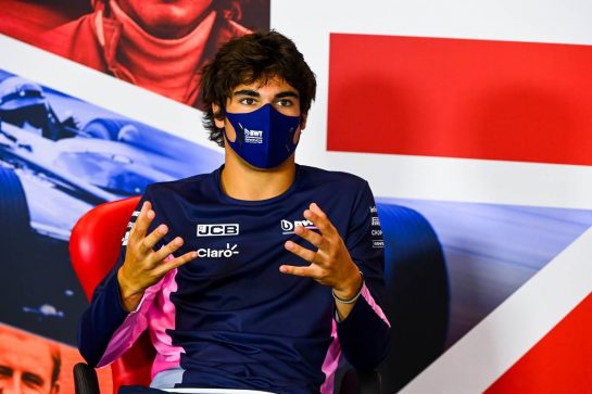 Lance Stroll (CDN) Racing Point F1 Team in the FIA Press Conference.
06.08.2020. Formula 1 World Championship, Rd 5, 70th Anniversary Grand Prix, Silverstone, England, Preparation Day.
- www.xpbimages.com, EMail: requests@xpbimages.com - copy of publication required for printed pictures. Every used picture is fee-liable. © Copyright: FIA Pool Image for Editorial Use Only