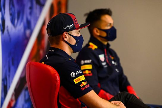 (L to R): Max Verstappen (NLD) Red Bull Racing and Alexander Albon (THA) Red Bull Racing in the FIA Press Conference.
06.08.2020. Formula 1 World Championship, Rd 5, 70th Anniversary Grand Prix, Silverstone, England, Preparation Day.
- www.xpbimages.com, EMail: requests@xpbimages.com - copy of publication required for printed pictures. Every used picture is fee-liable. © Copyright: FIA Pool Image for Editorial Use Only