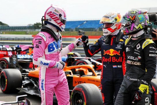 (L to R): Nico Hulkenberg (GER) Racing Point F1 Team celebrates his third position in qualifying parc ferme with Max Verstappen (NLD) Red Bull Racing and Daniel Ricciardo (AUS) Renault F1 Team.
08.08.2020. Formula 1 World Championship, Rd 5, 70th Anniversary Grand Prix, Silverstone, England, Qualifying Day.
- www.xpbimages.com, EMail: requests@xpbimages.com © Copyright: Batchelor / XPB Images