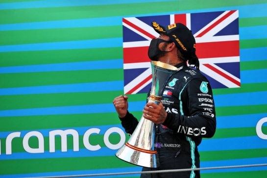 Race winner Lewis Hamilton (GBR) Mercedes AMG F1 celebrates on the podium.
16.08.2020. Formula 1 World Championship, Rd 6, Spanish Grand Prix, Barcelona, Spain, Race Day.
- www.xpbimages.com, EMail: requests@xpbimages.com © Copyright: Batchelor / XPB Images