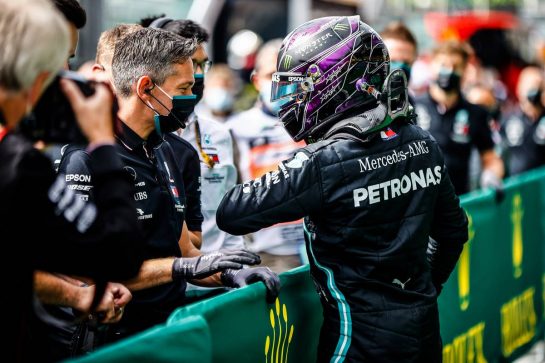 Lewis Hamilton (GBR) Mercedes AMG F1 celebrates his pole position in qualifying parc ferme.
29.08.2020. Formula 1 World Championship, Rd 7, Belgian Grand Prix, Spa Francorchamps, Belgium, Qualifying Day.
- www.xpbimages.com, EMail: requests@xpbimages.com - copy of publication required for printed pictures. Every used picture is fee-liable. © Copyright: FIA Pool Image for Editorial Use Only