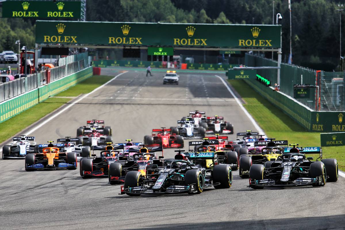 Lewis Hamilton (GBR) Mercedes AMG F1 W11 leads at the start of the race.