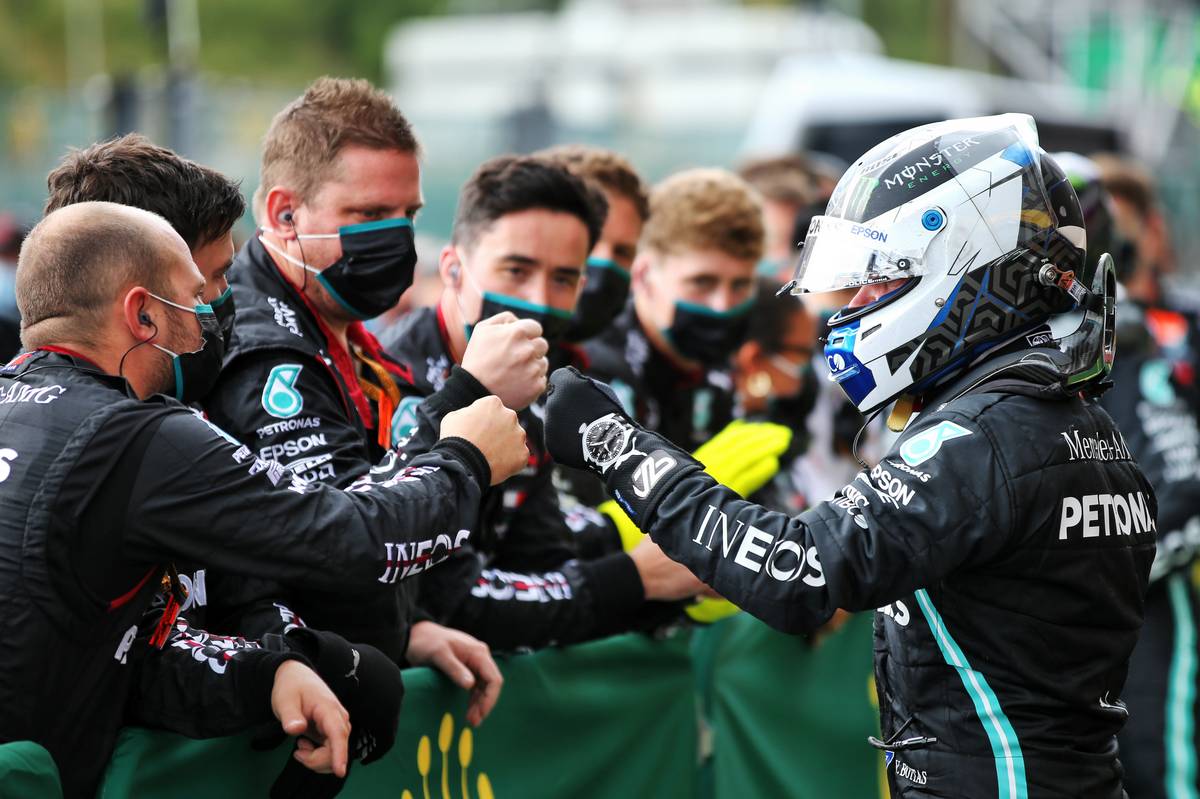 Valtteri Bottas (FIN) Mercedes AMG F1 celebrates his second position with the team in parc ferme.