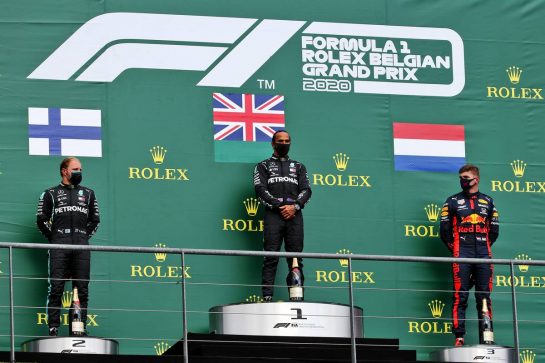 The podium (L to R): Valtteri Bottas (FIN) Mercedes AMG F1, second; Lewis Hamilton (GBR) Mercedes AMG F1, race winner; Max Verstappen (NLD) Red Bull Racing, third.
30.08.2020. Formula 1 World Championship, Rd 7, Belgian Grand Prix, Spa Francorchamps, Belgium, Race Day.
- www.xpbimages.com, EMail: requests@xpbimages.com © Copyright: Batchelor / XPB Images