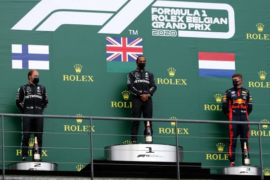 1st place Lewis Hamilton (GBR) Mercedes AMG F1 W11, with 2nd place Valtteri Bottas (FIN) Mercedes AMG F1 W11 and 3rd place Max Verstappen (NLD) Red Bull Racing RB16.
30.08.2020. Formula 1 World Championship, Rd 7, Belgian Grand Prix, Spa Francorchamps, Belgium, Race Day.
- www.xpbimages.com, EMail: requests@xpbimages.com - copy of publication required for printed pictures. Every used picture is fee-liable. © Copyright: Batchelor / XPB Images