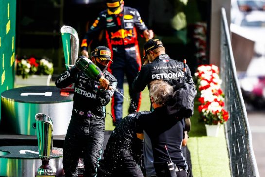 Race winner Lewis Hamilton (GBR) Mercedes AMG F1 celebrates on the podium.
30.08.2020. Formula 1 World Championship, Rd 7, Belgian Grand Prix, Spa Francorchamps, Belgium, Race Day.
- www.xpbimages.com, EMail: requests@xpbimages.com - copy of publication required for printed pictures. Every used picture is fee-liable. © Copyright: FIA Pool Image for Editorial Use Only