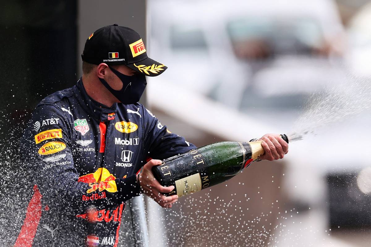 Max Verstappen (NLD) Red Bull Racing celebrates his third position on the podium.