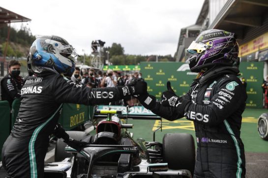 (L to R): Valtteri Bottas (FIN) Mercedes AMG F1 celebrates with race winner Lewis Hamilton (GBR) Mercedes AMG F1 in parc ferme.
30.08.2020. Formula 1 World Championship, Rd 7, Belgian Grand Prix, Spa Francorchamps, Belgium, Race Day.
- www.xpbimages.com, EMail: requests@xpbimages.com - copy of publication required for printed pictures. Every used picture is fee-liable. © Copyright: FIA Pool Image for Editorial Use Only