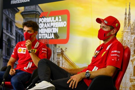 (L to R): Charles Leclerc (MON) Ferrari and Sebastian Vettel (GER) Ferrari in the FIA Press Conference.
03.09.2020. Formula 1 World Championship, Rd 8, Italian Grand Prix, Monza, Italy, Preparation Day.
- www.xpbimages.com, EMail: requests@xpbimages.com - copy of publication required for printed pictures. Every used picture is fee-liable. © Copyright: FIA Pool Image for Editorial Use Only