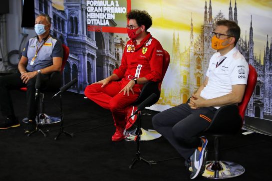 The FIA Press Conference (L to R): Mario Isola (ITA) Pirelli Racing Manager; Mattia Binotto (ITA) Ferrari Team Principal; Andreas Seidl, McLaren Managing Director.
04.09.2020. Formula 1 World Championship, Rd 8, Italian Grand Prix, Monza, Italy, Practice Day.
- www.xpbimages.com, EMail: requests@xpbimages.com © Copyright: Batchelor / XPB Images