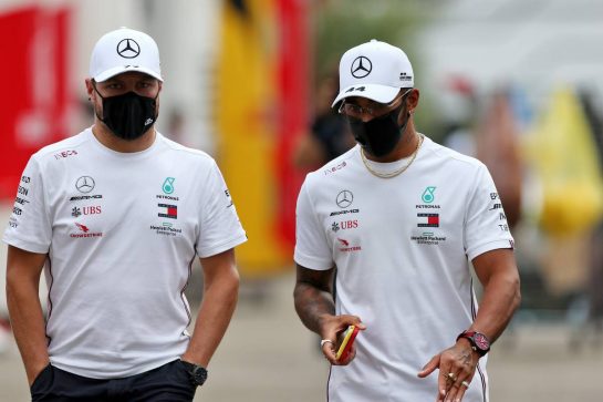 (L to R): Valtteri Bottas (FIN) Mercedes AMG F1 and team mate Lewis Hamilton (GBR) Mercedes AMG F1.
10.09.2020. Formula 1 World Championship, Rd 9, Tuscan Grand Prix, Mugello, Italy, Preparation Day.
- www.xpbimages.com, EMail: requests@xpbimages.com © Copyright: Moy / XPB Images