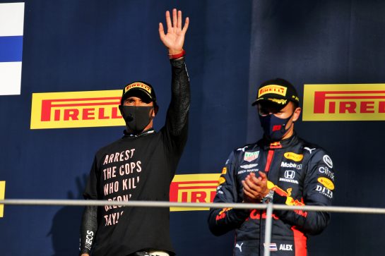 (L to R): race winner Lewis Hamilton (GBR) Mercedes AMG F1 celebrates on the podium with third placed Alexander Albon (THA) Red Bull Racing.
13.09.2020. Formula 1 World Championship, Rd 9, Tuscan Grand Prix, Mugello, Italy, Race Day.
- www.xpbimages.com, EMail: requests@xpbimages.com © Copyright: Batchelor / XPB Images