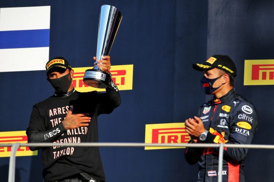 (L to R): Race winner Lewis Hamilton (GBR) Mercedes AMG F1 celebrates on the podium with third placed Alexander Albon (THA) Red Bull Racing.
13.09.2020. Formula 1 World Championship, Rd 9, Tuscan Grand Prix, Mugello, Italy, Race Day.
- www.xpbimages.com, EMail: requests@xpbimages.com © Copyright: Batchelor / XPB Images