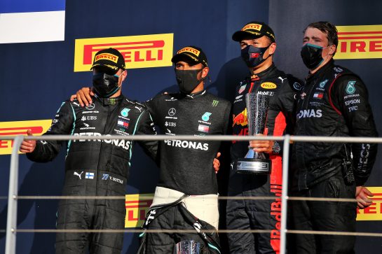 The podium (L to R): Valtteri Bottas (FIN) Mercedes AMG F1, second; Lewis Hamilton (GBR) Mercedes AMG F1, race winner; Alexander Albon (THA) Red Bull Racing, third.
13.09.2020. Formula 1 World Championship, Rd 9, Tuscan Grand Prix, Mugello, Italy, Race Day.
- www.xpbimages.com, EMail: requests@xpbimages.com © Copyright: Batchelor / XPB Images