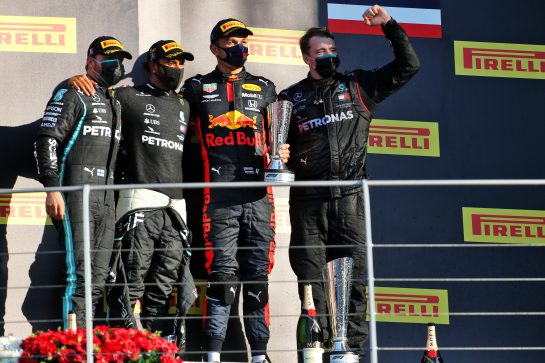 The podium (L to R): Valtteri Bottas (FIN) Mercedes AMG F1, second; Lewis Hamilton (GBR) Mercedes AMG F1, race winner; Alexander Albon (THA) Red Bull Racing, third.
13.09.2020. Formula 1 World Championship, Rd 9, Tuscan Grand Prix, Mugello, Italy, Race Day.
- www.xpbimages.com, EMail: requests@xpbimages.com © Copyright: Charniaux / XPB Images