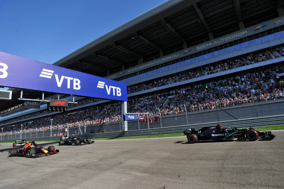 Lewis Hamilton (GBR) Mercedes AMG F1 W11 leads at the start of the race.