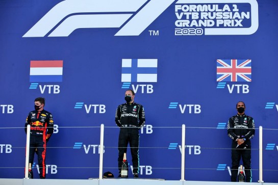 The podium (L to R): Max Verstappen (NLD) Red Bull Racing, second; Valtteri Bottas (FIN) Mercedes AMG F1, race winner; Lewis Hamilton (GBR) Mercedes AMG F1, third.
27.09.2020. Formula 1 World Championship, Rd 10, Russian Grand Prix, Sochi Autodrom, Sochi, Russia, Race Day.
- www.xpbimages.com, EMail: requests@xpbimages.com © Copyright: Batchelor / XPB Images