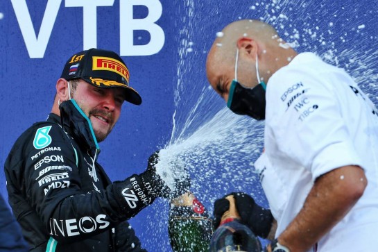 Race winner Valtteri Bottas (FIN) Mercedes AMG F1 celebrates on the podium with Dominique Riefstahl, Mercedes AMG F1 Race Support Team Leader and Test Engineer.
27.09.2020. Formula 1 World Championship, Rd 10, Russian Grand Prix, Sochi Autodrom, Sochi, Russia, Race Day.
- www.xpbimages.com, EMail: requests@xpbimages.com © Copyright: Batchelor / XPB Images