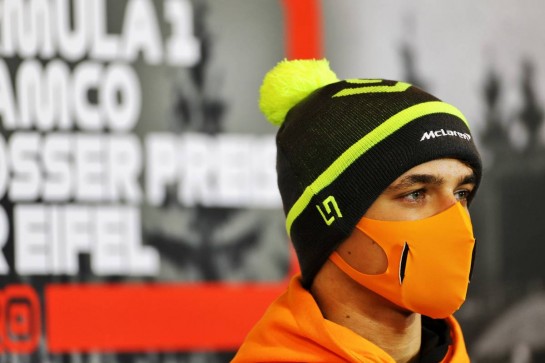 Lando Norris (GBR) McLaren in the FIA Press Conference.
08.10.2020. Formula 1 World Championship, Rd 11, Eifel Grand Prix, Nurbugring, Germany, Preparation Day.
- www.xpbimages.com, EMail: requests@xpbimages.com © Copyright: Charniaux / XPB Images