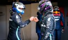 Valtteri Bottas (FIN) Mercedes AMG F1 celebrates his pole position in qualifying parc ferme with second placed team mate Lewis Hamilton (GBR) Mercedes AMG F1.