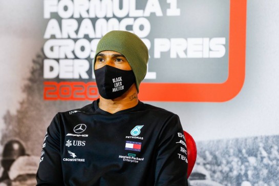 Lewis Hamilton (GBR) Mercedes AMG F1 in the post qualifying FIA Press Conference.
10.10.2020. Formula 1 World Championship, Rd 11, Eifel Grand Prix, Nurbugring, Germany, Qualifying Day.
- www.xpbimages.com, EMail: requests@xpbimages.com © Copyright: FIA Pool Image for Editorial Use Only