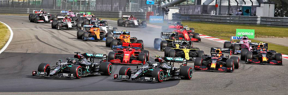 Lewis Hamilton (GBR) Mercedes AMG F1 W11 and Valtteri Bottas (FIN) Mercedes AMG F1 lead at the start of the race.